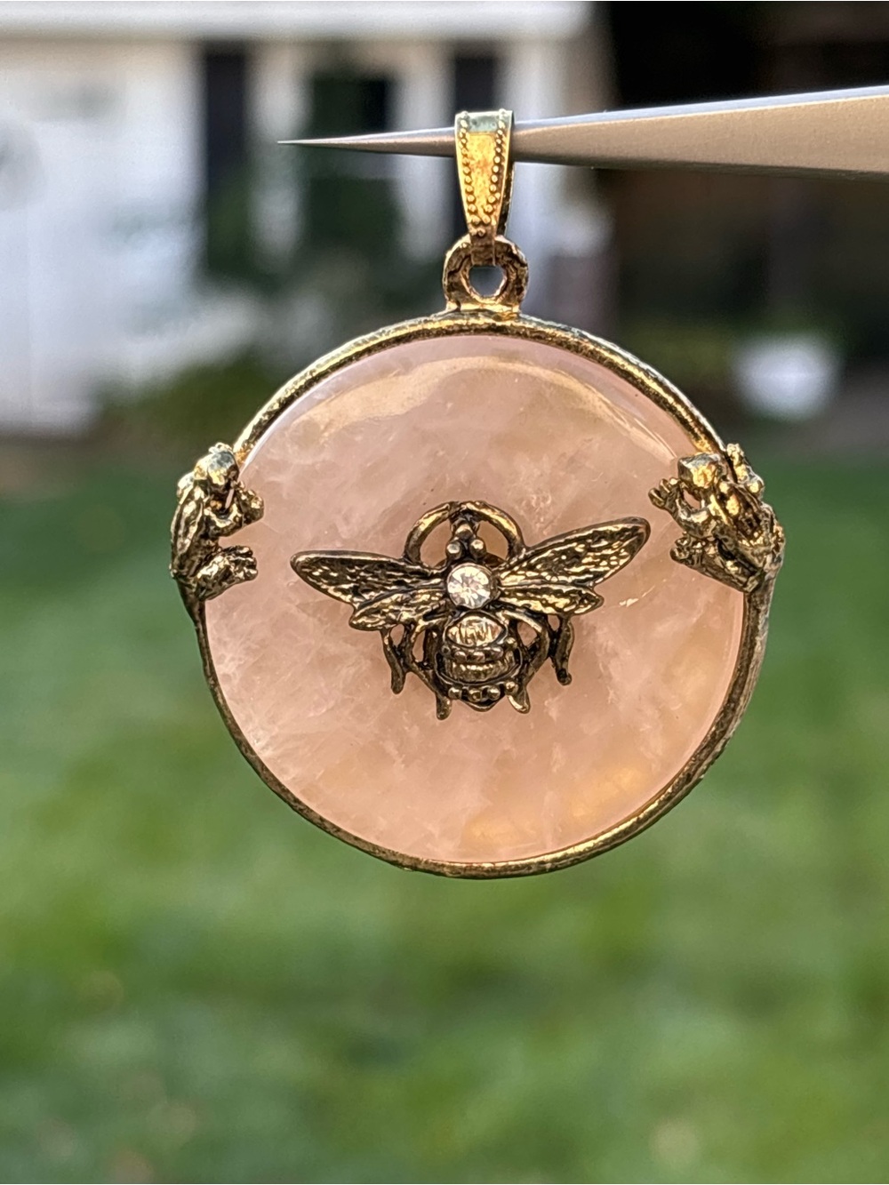 Vintage Rose Quartz Bee & Frog Statement Pendant